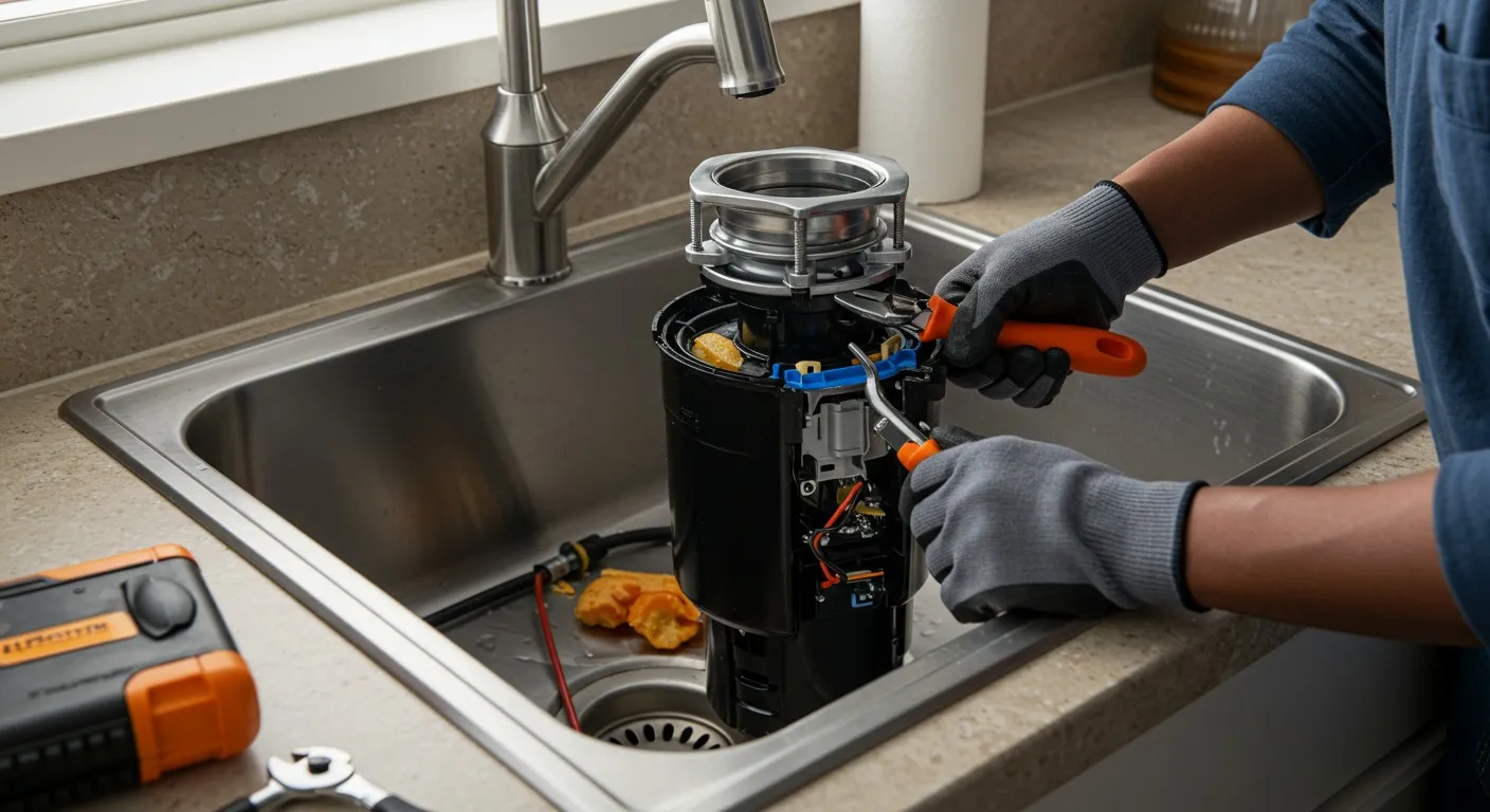 Repairing a garbage disposal under the kitchen sink with tools