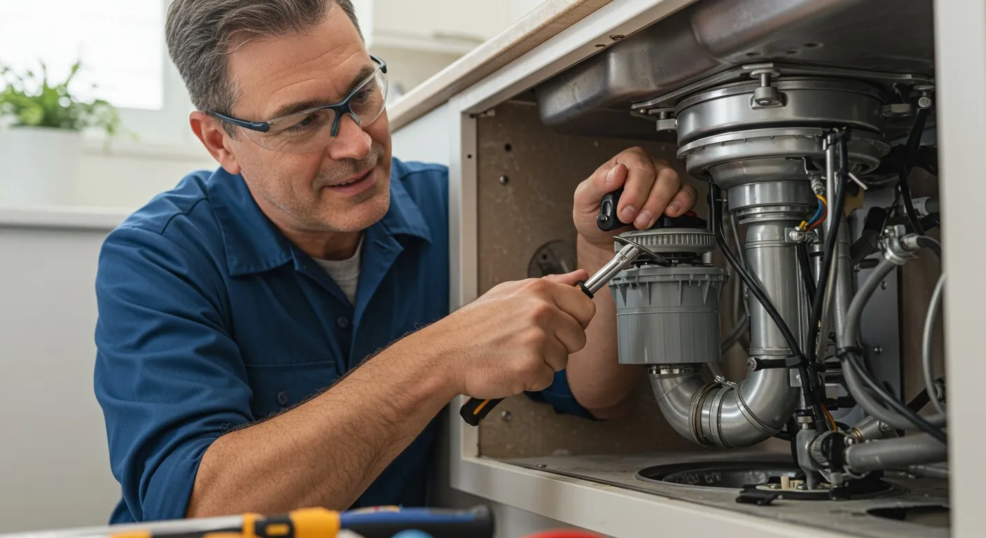 Technician repairing kitchen sink plumbing under cabinet with screwdriver