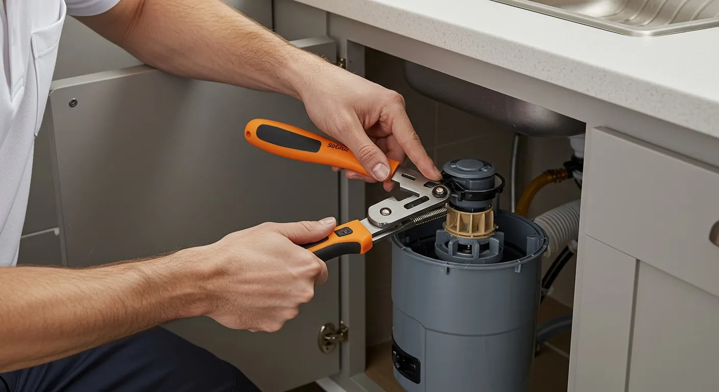 Hands using wrench to repair garbage disposal under kitchen sink