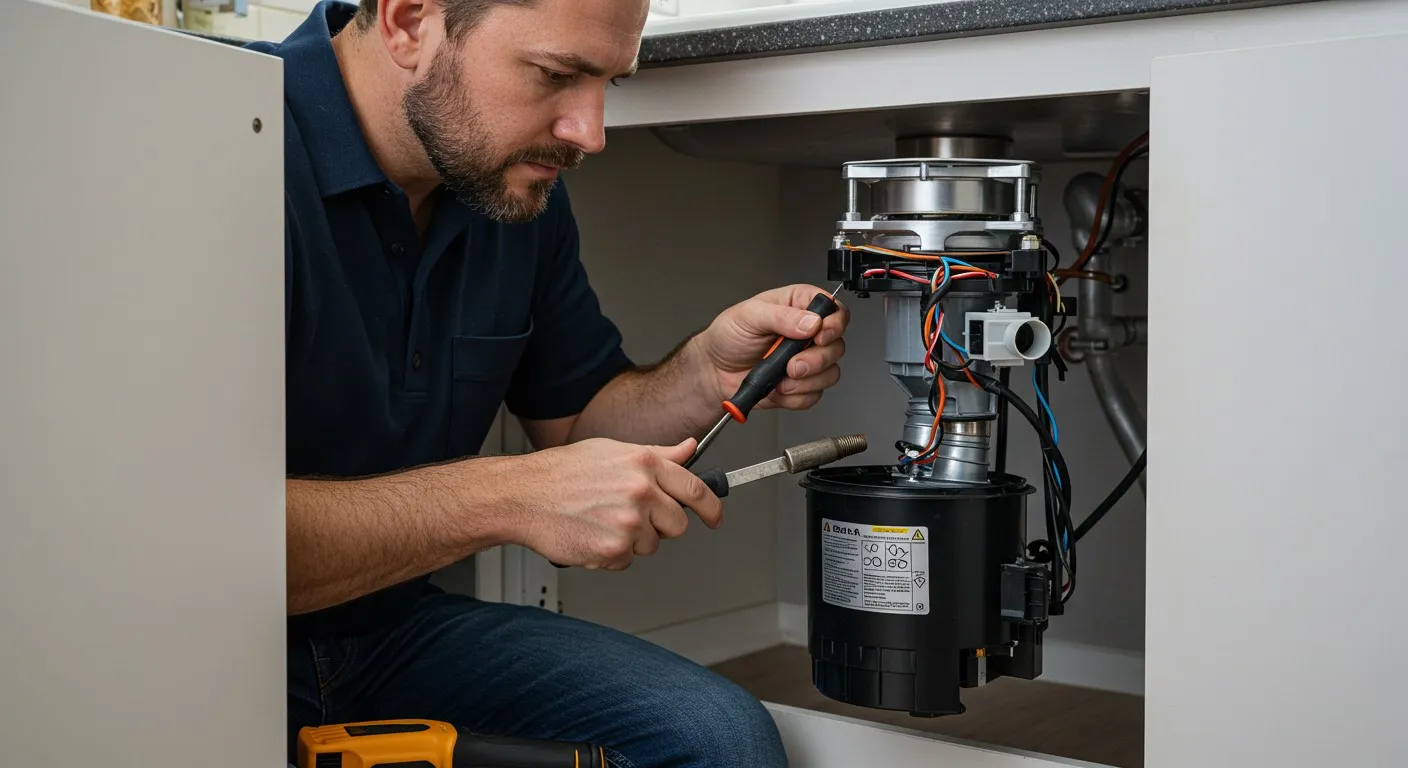 Technician repairing kitchen appliance with screwdriver under sink