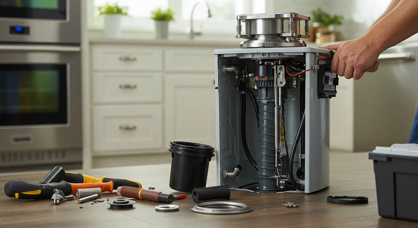 Disassembled appliance with tools on kitchen counter during repair
