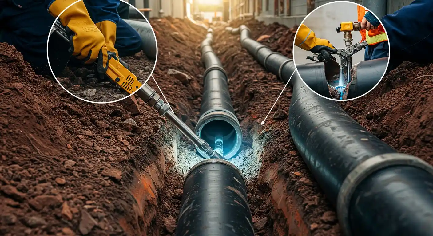 Worker using welding tool to connect underground industrial pipes