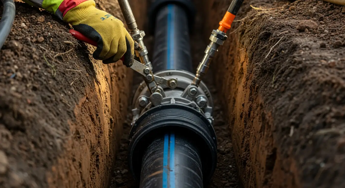 Worker repairing underground pipes with tools in a dirt trench