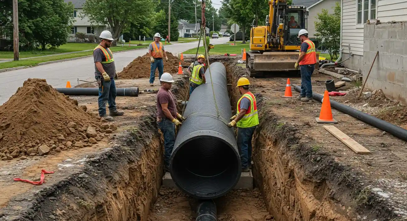Construction workers installing large pipe in residential street excavation
