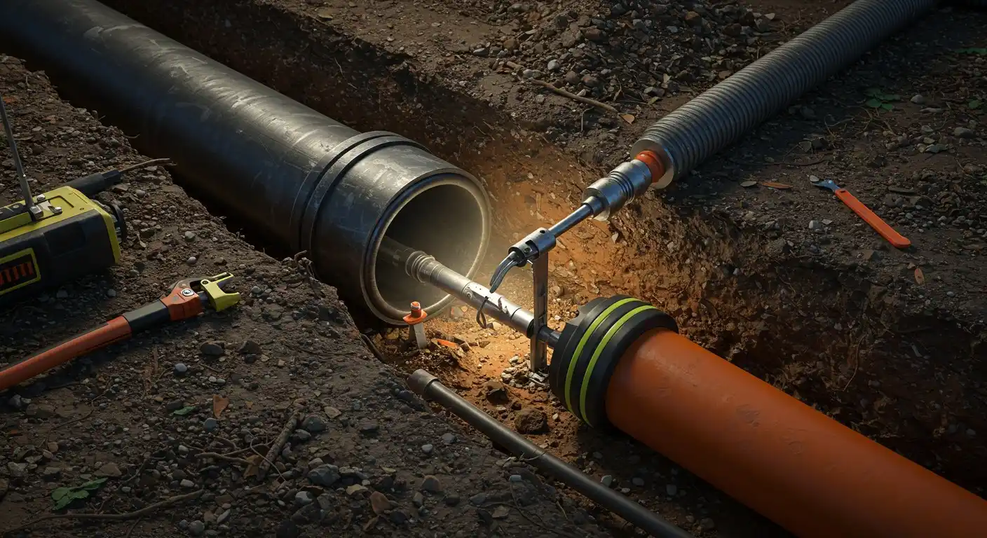 Industrial pipes connected with metallic joints on rocky ground