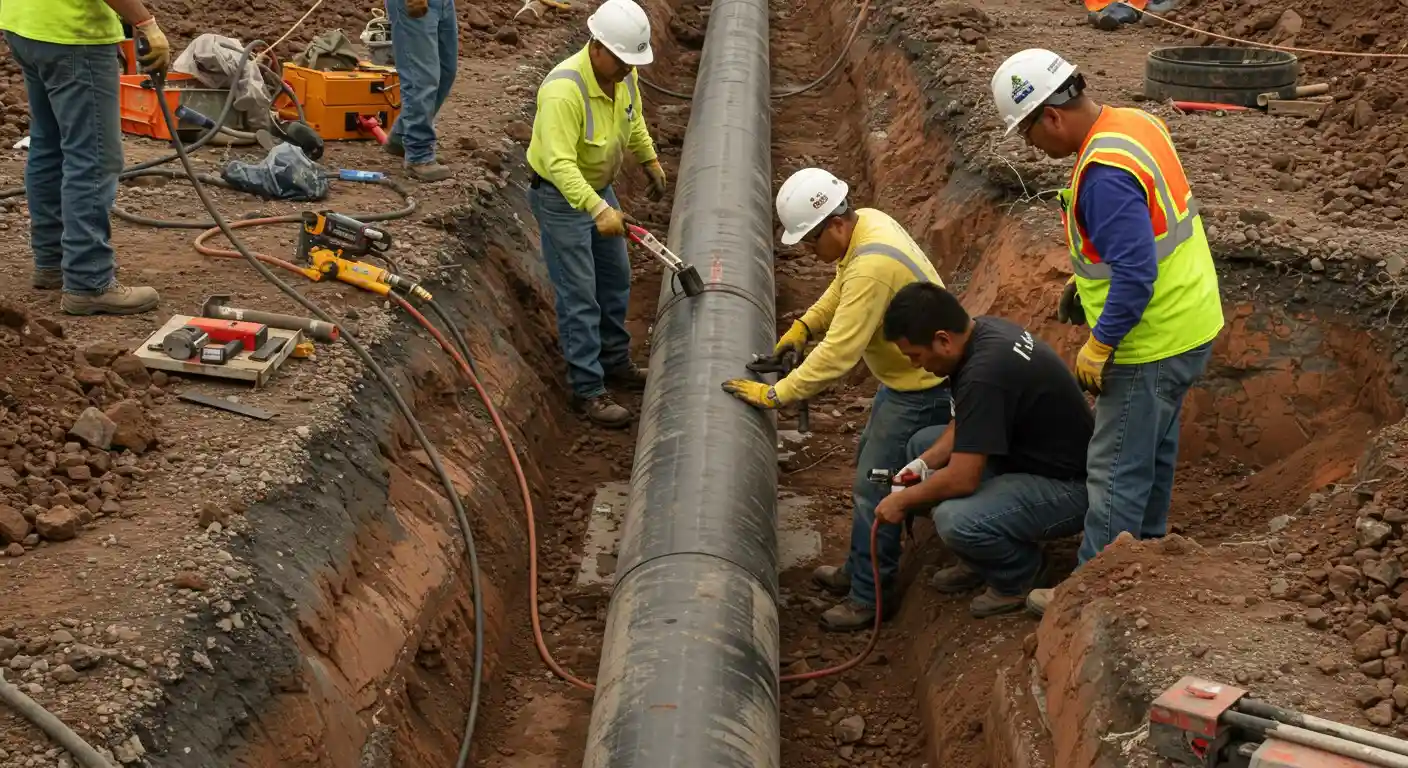 Workers installing large pipeline in rocky excavation site with safety equipment