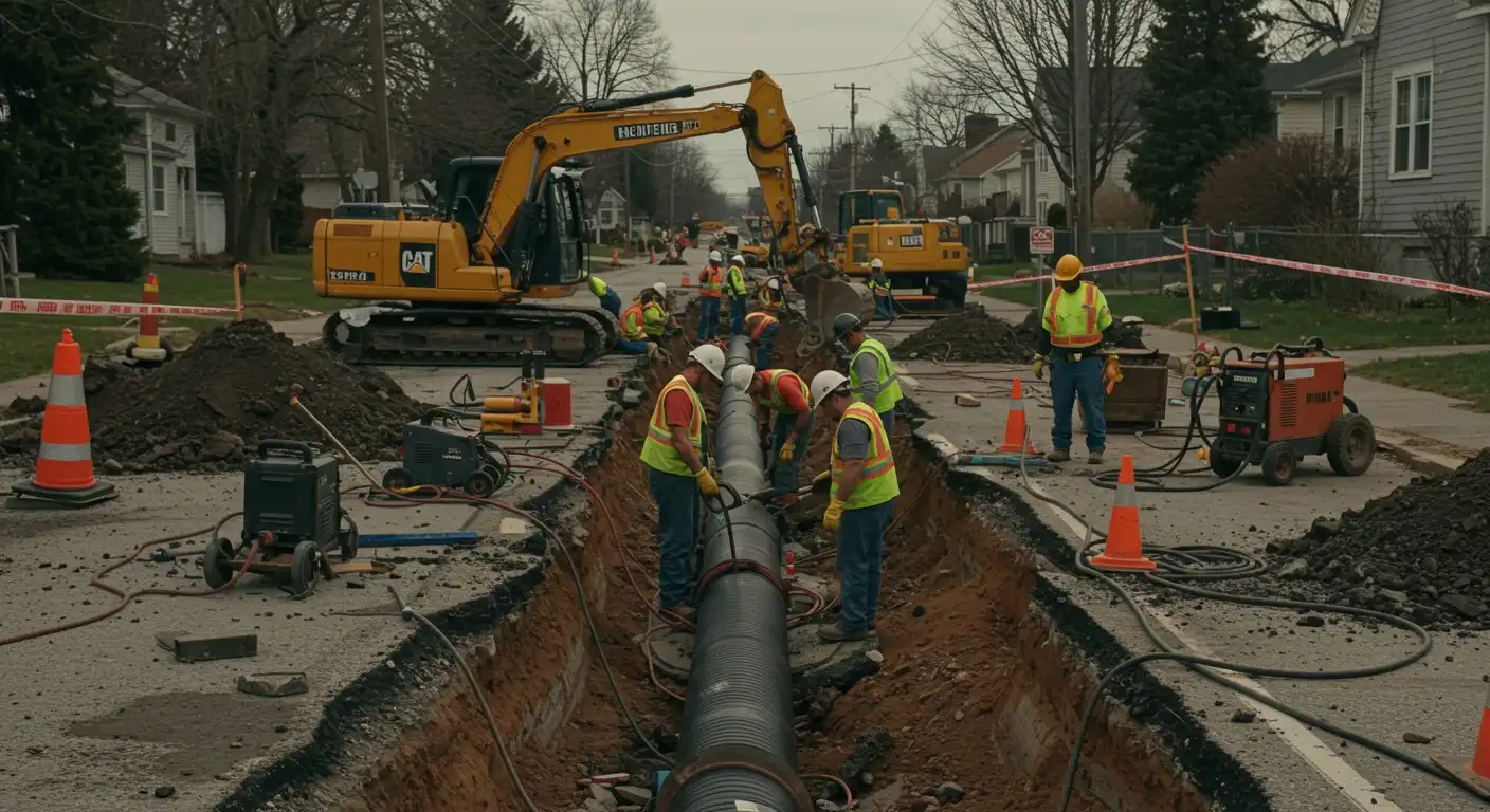 Construction workers installing large pipes in residential street with excavators