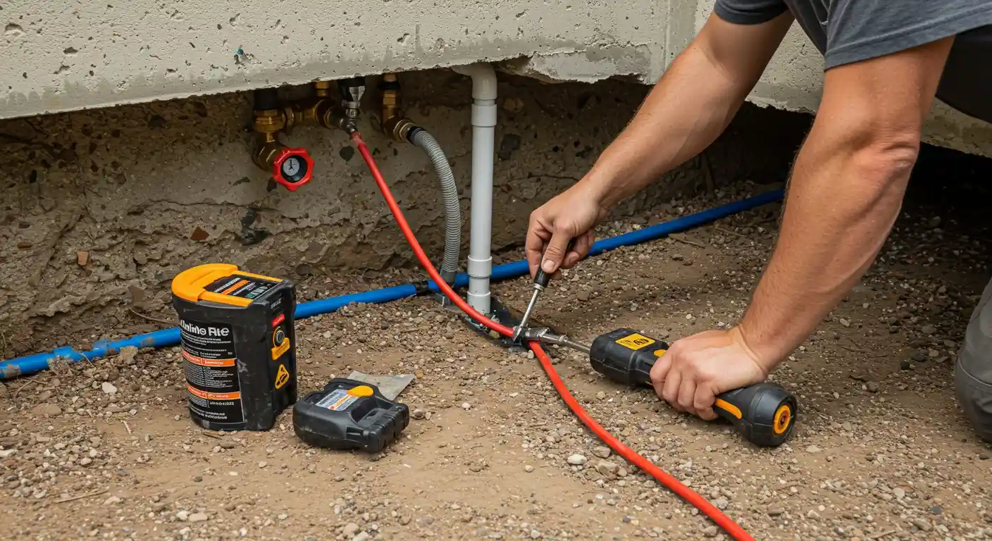 Plumber working on pipes under concrete foundation with tools