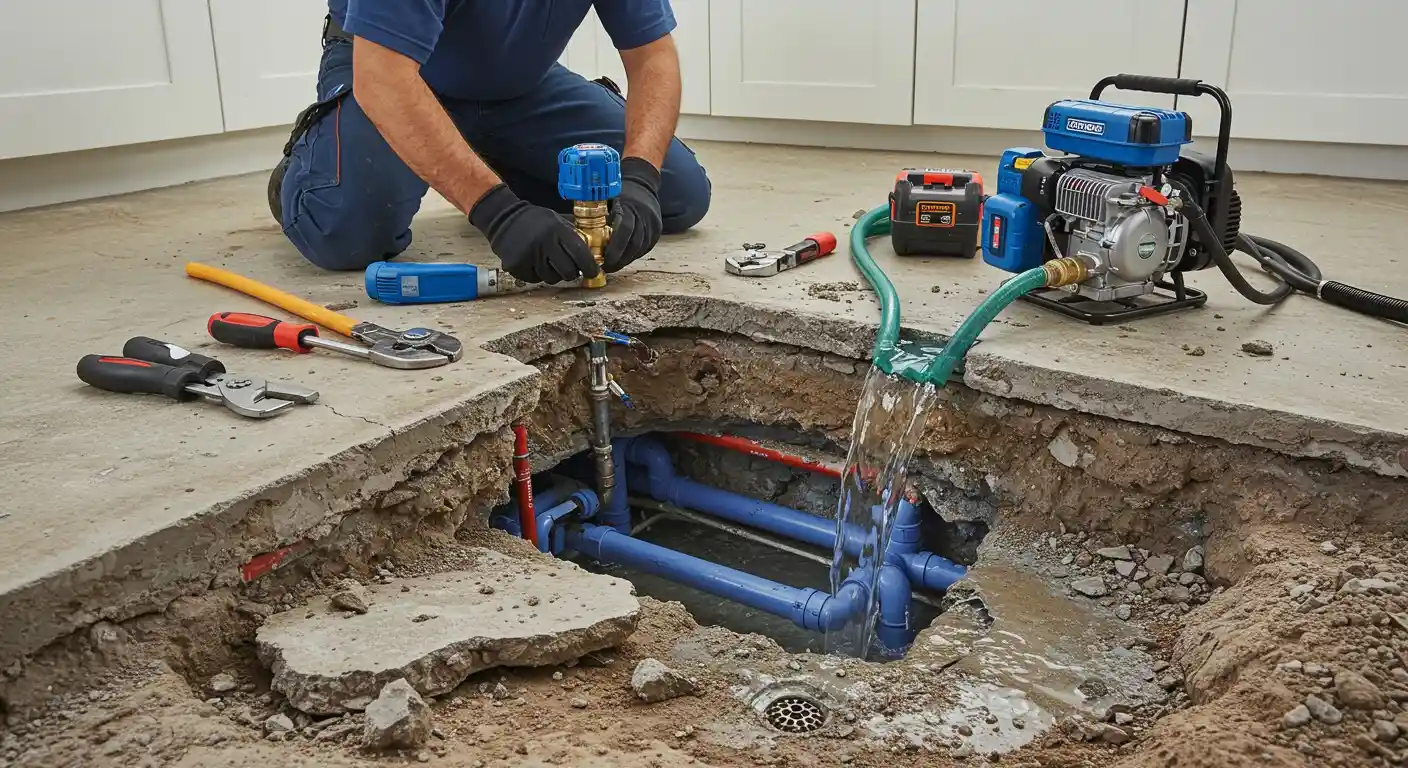 Plumber repairing underground pipes with water flowing and tools nearby