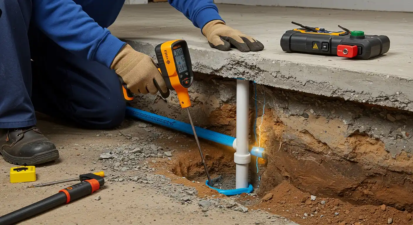 Thermal imaging of pipe installation with infrared thermometer and tools
