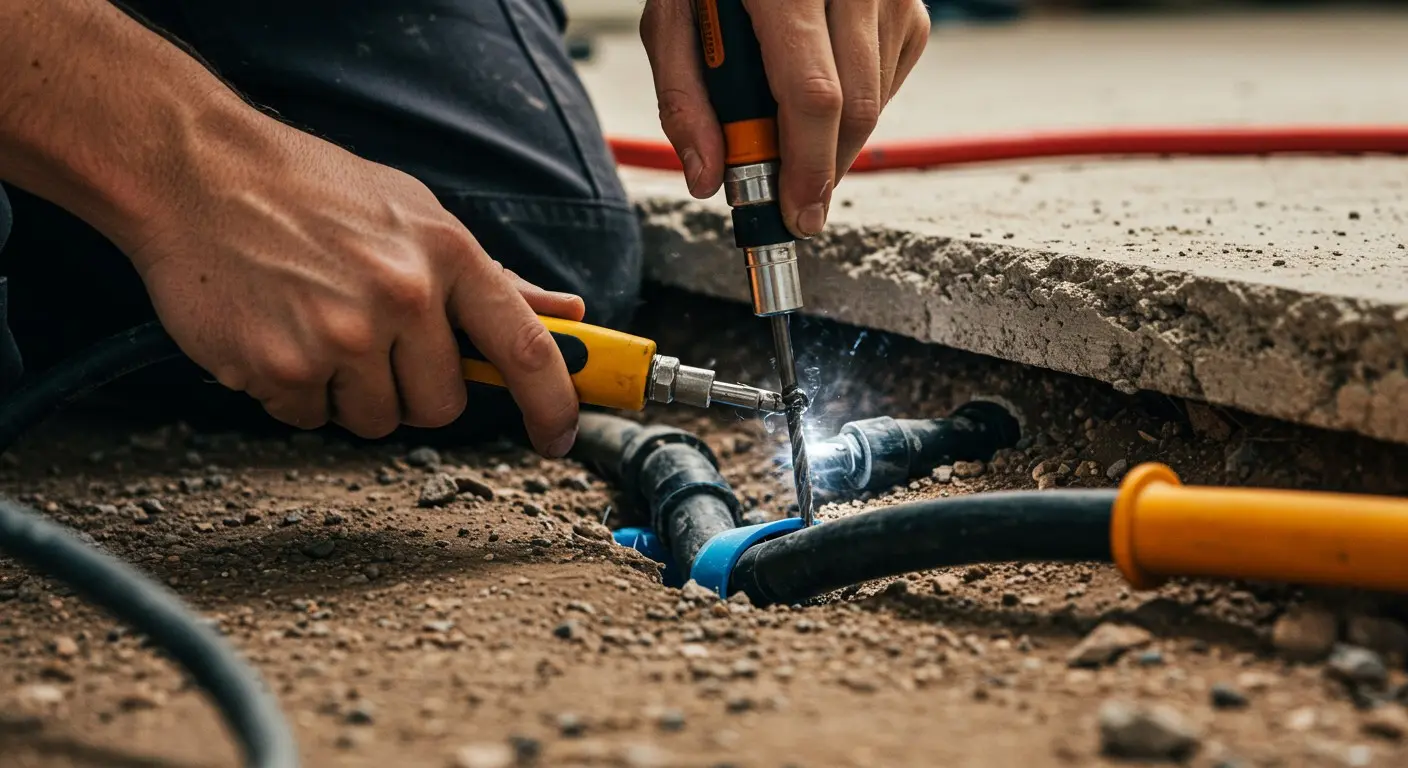 Plumber repairing underground pipes with specialized tools and welding