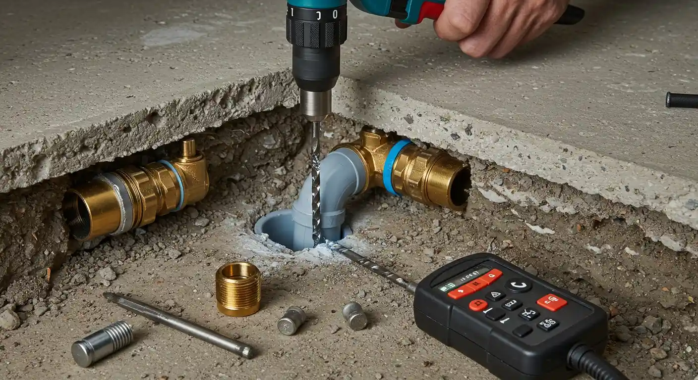 Drilling into concrete with brass pipe fittings and measuring device