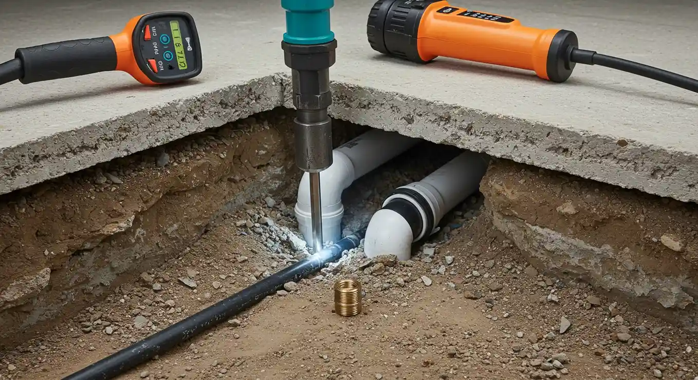 Pipe repair with digital measuring tools in underground construction site