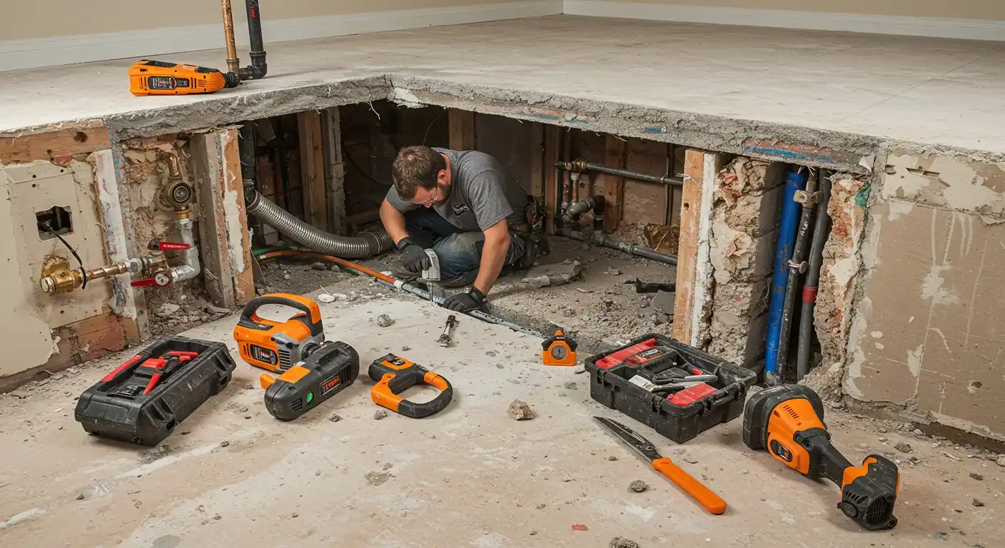 Construction worker repairing plumbing with power tools in exposed wall cavity