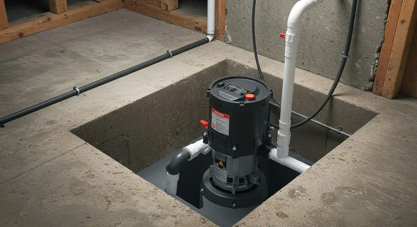 Sump pump installed in concrete floor with pipes and electrical connections