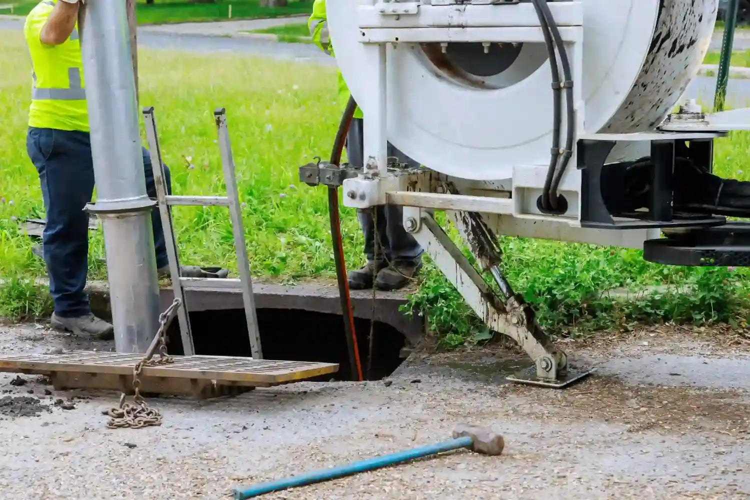 Construction worker near utility hole with heavy machinery and equipment