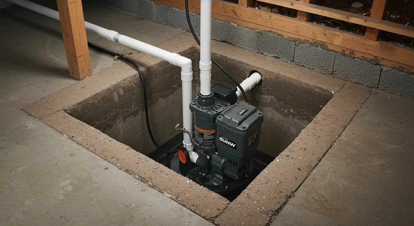 Sump pump installed in concrete basement floor with white pipes