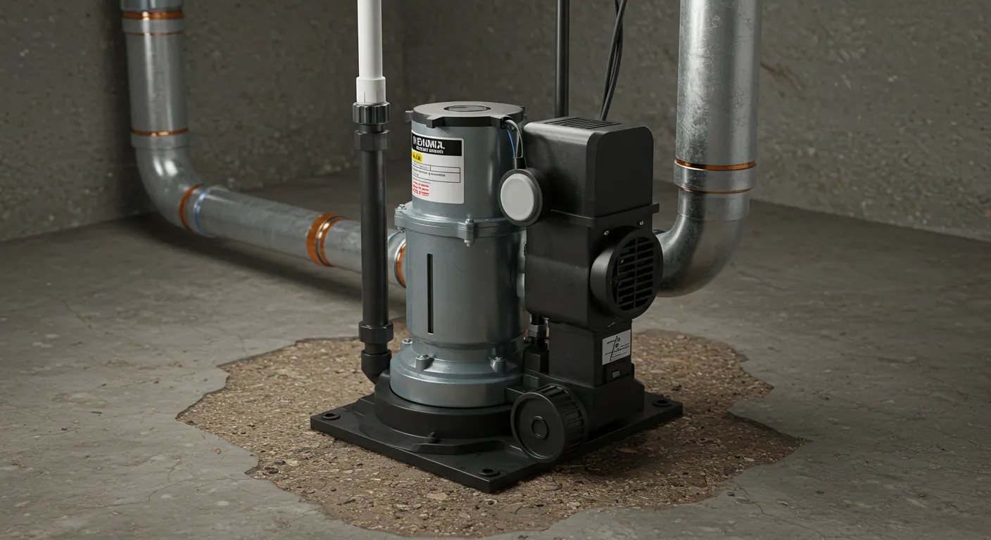 Industrial water pump with metal pipes in concrete basement setting