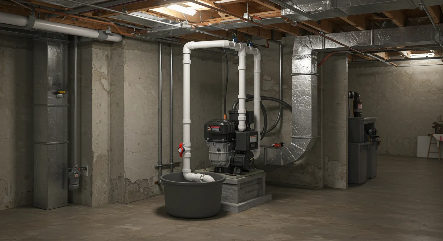 Basement sump pump system with white pipes and mechanical equipment