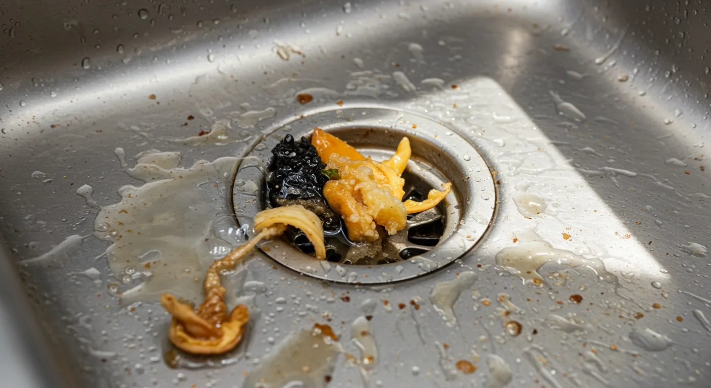 Food scraps and debris scattered in a metal sink drain