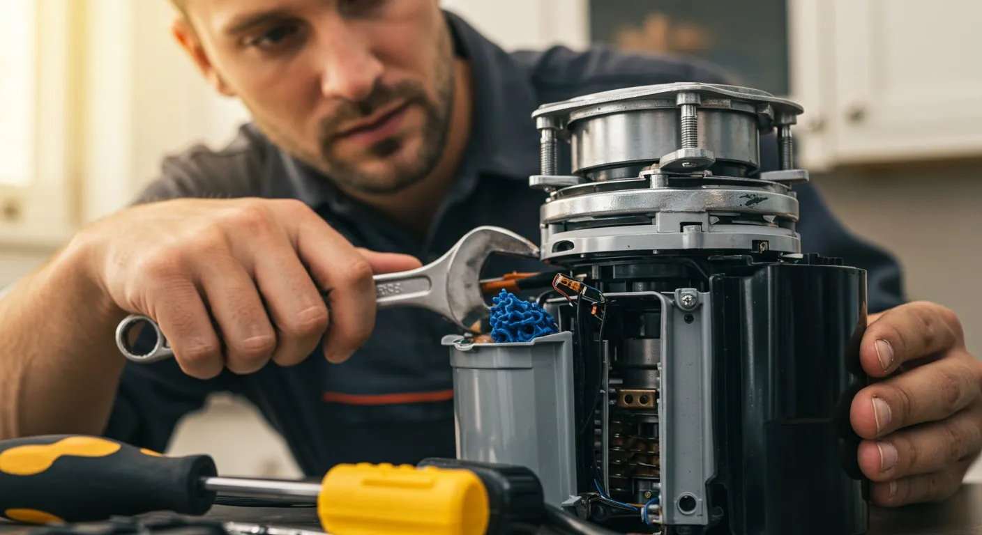 Technician repairing complex mechanical device with wrench and tools