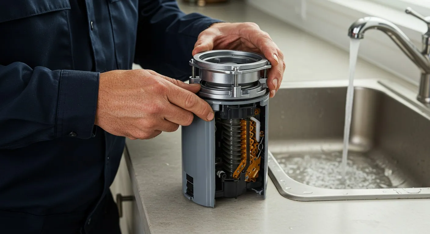 Hands repairing or examining an open mechanical device near a kitchen sink