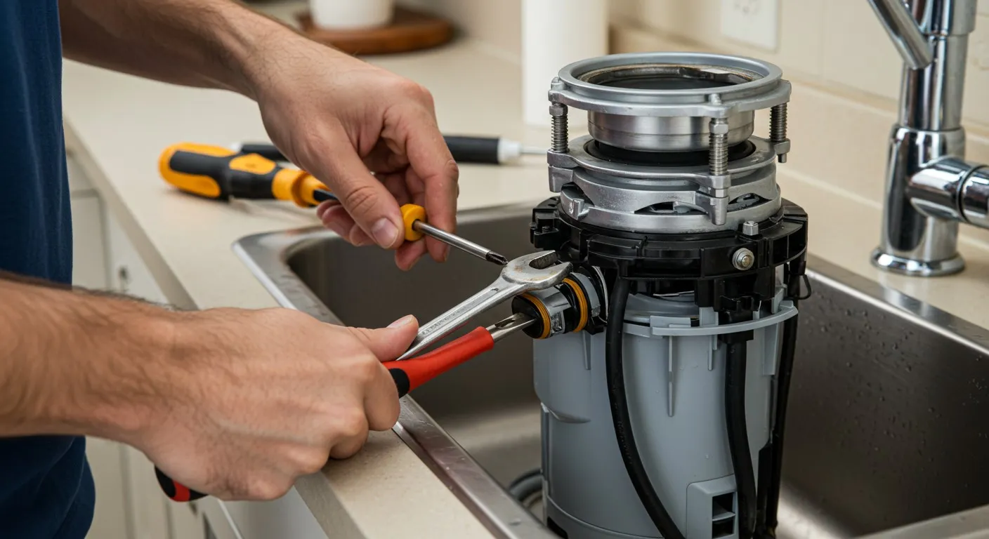 Hands repairing a kitchen sink garbage disposal with tools