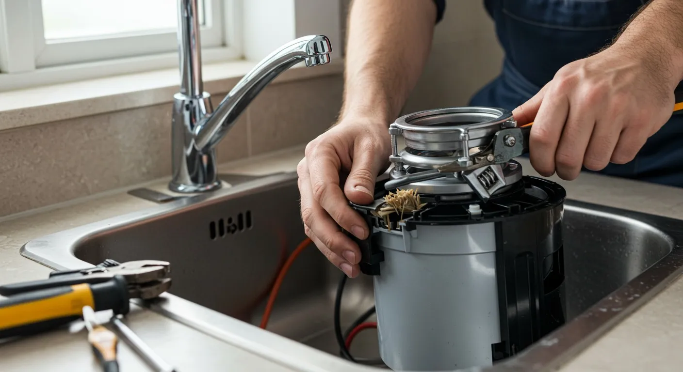 Hands repairing garbage disposal under kitchen sink with tools