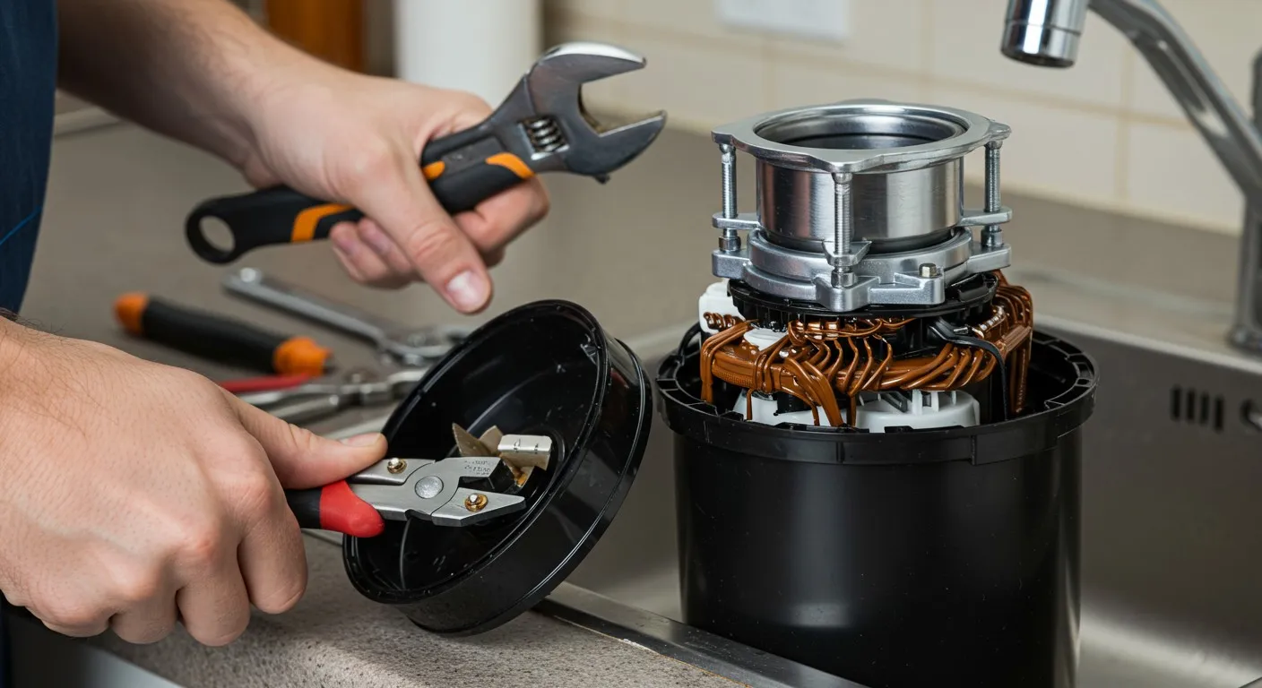 Hands repairing an electric motor with wrenches and tools