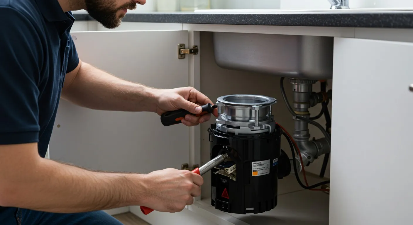 Technician repairing a garbage disposal under kitchen sink
