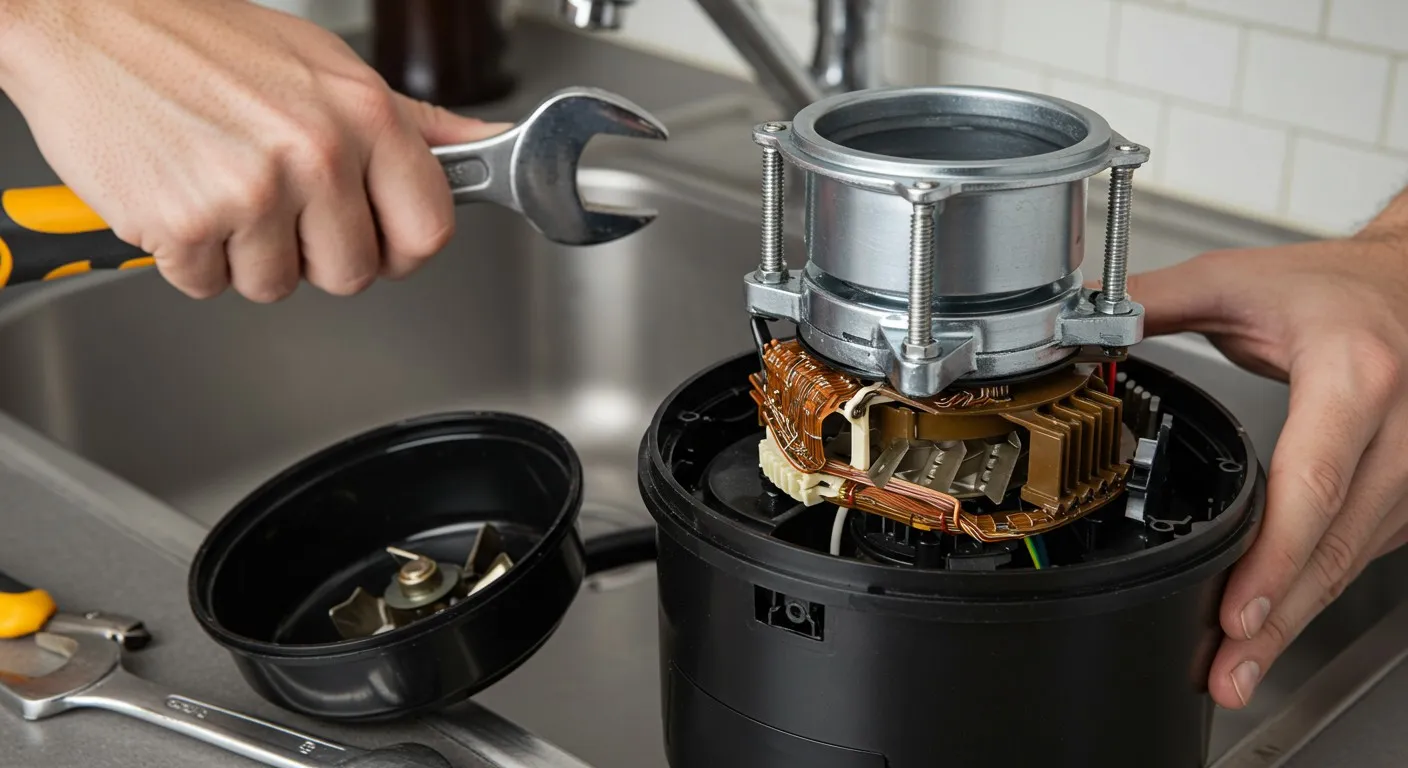 Hands repairing kitchen appliance with wrench, internal electronic components visible