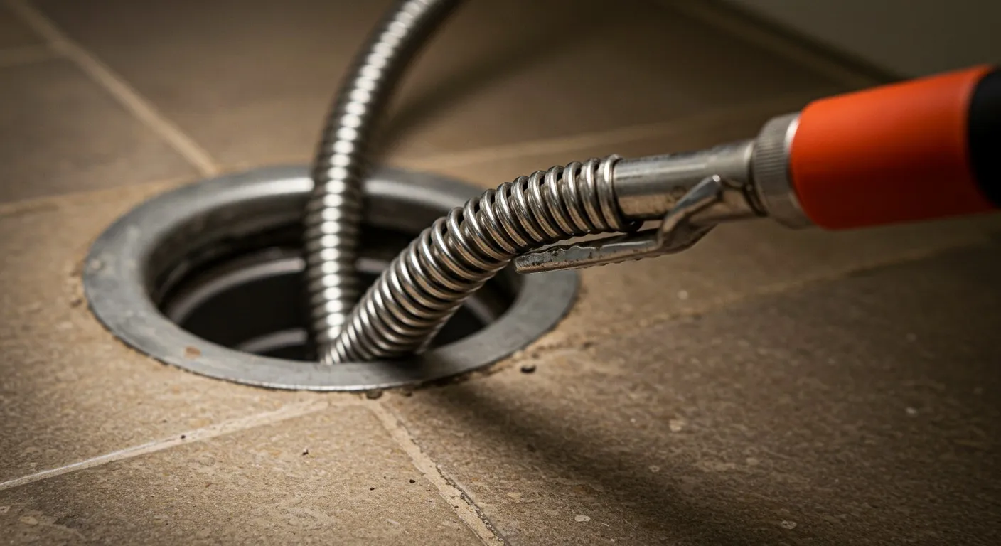 Plumbing snake tool descending into a drain on tiled floor