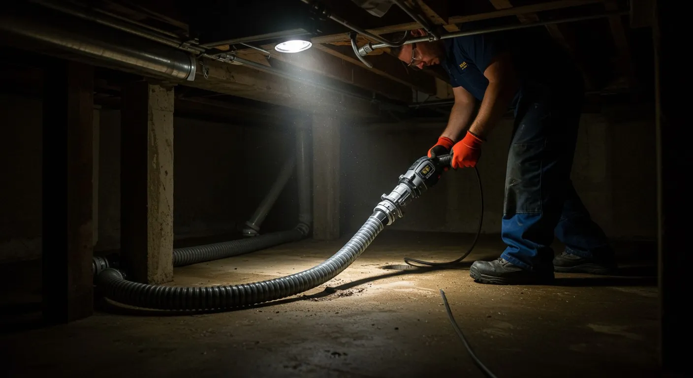 Worker using industrial vacuum in dark basement with overhead light