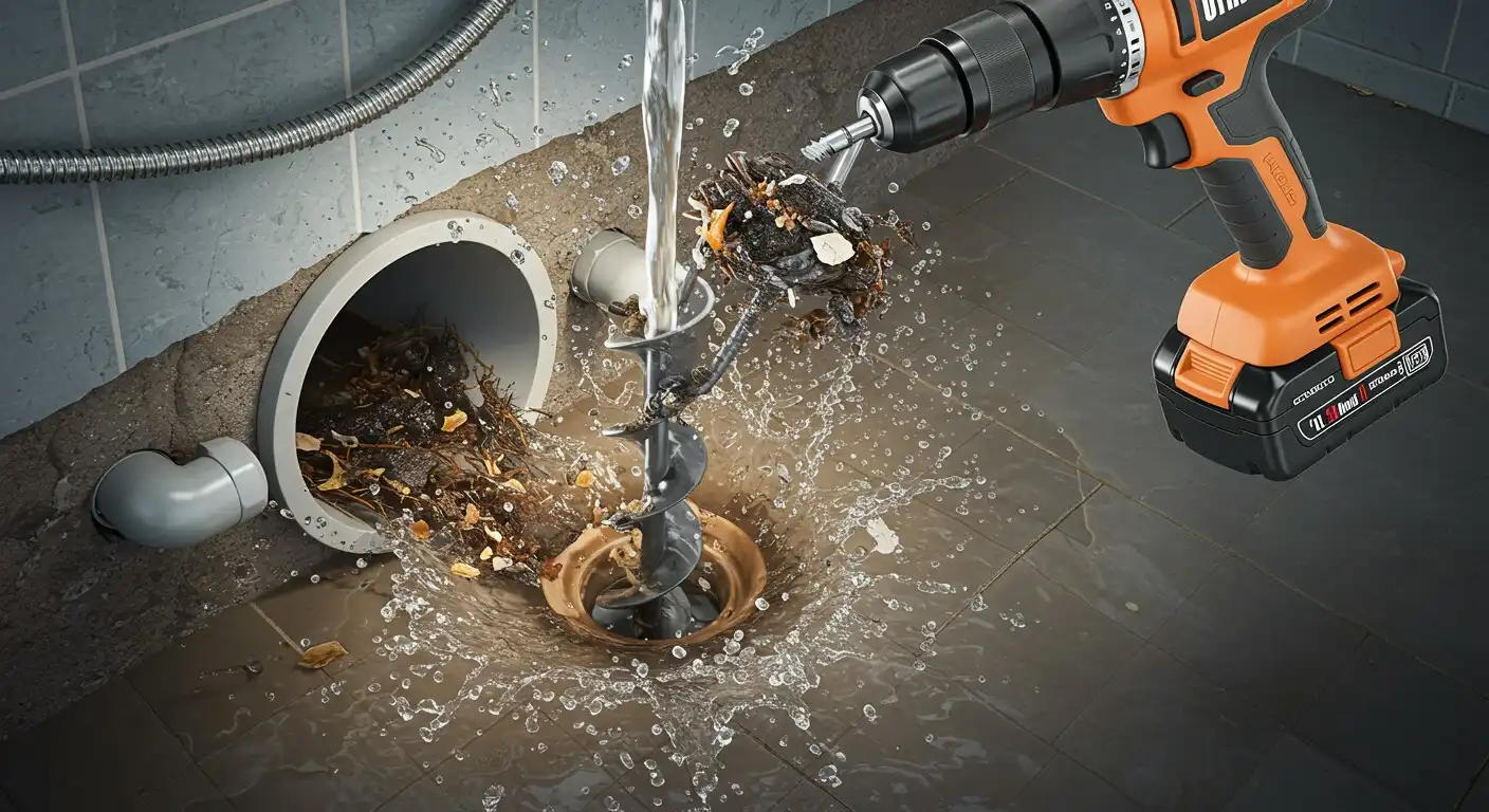 Drill clearing clogged drain with water and debris splashing dramatically