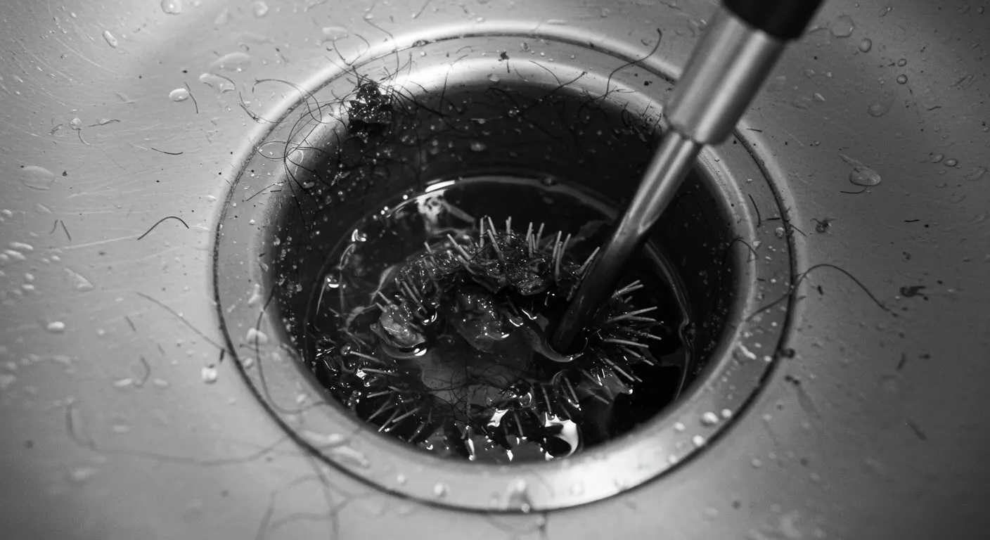 Black and white close-up of hair clogged in a sink drain