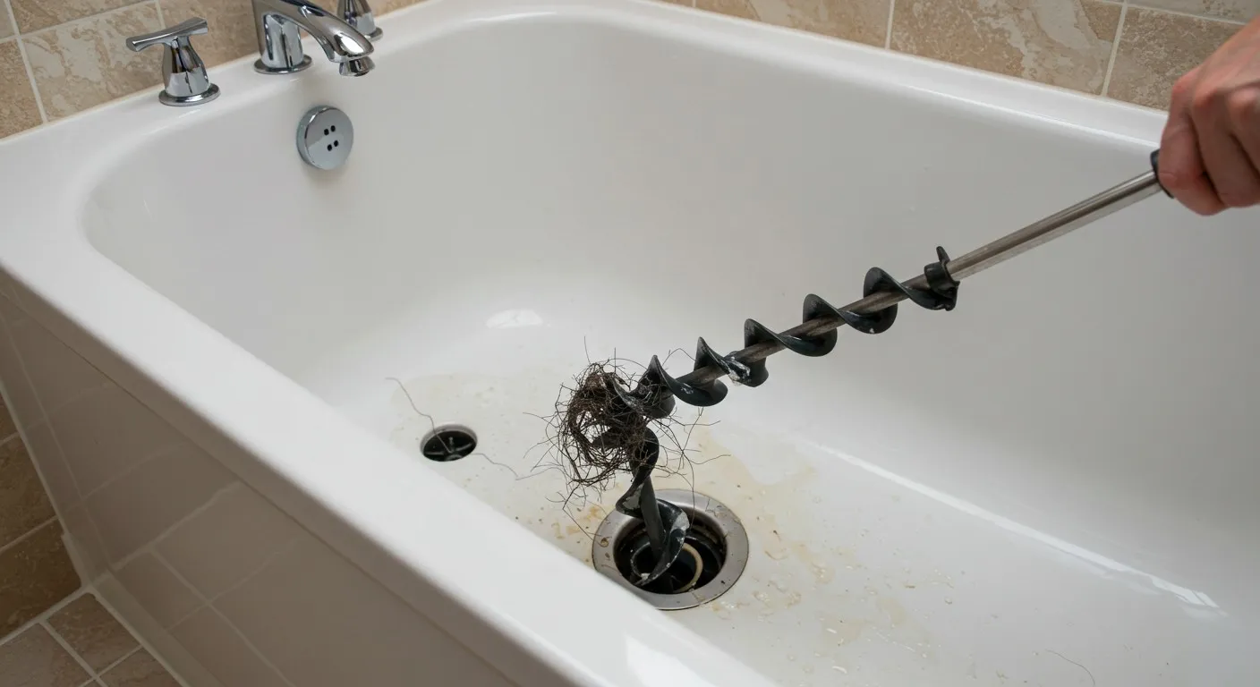 Drain snake removing hair clog from bathtub drain