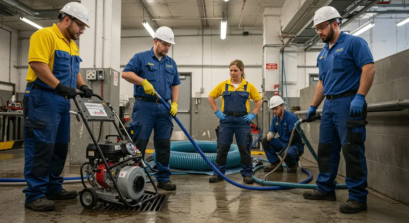 Industrial workers in safety gear preparing equipment for maintenance job