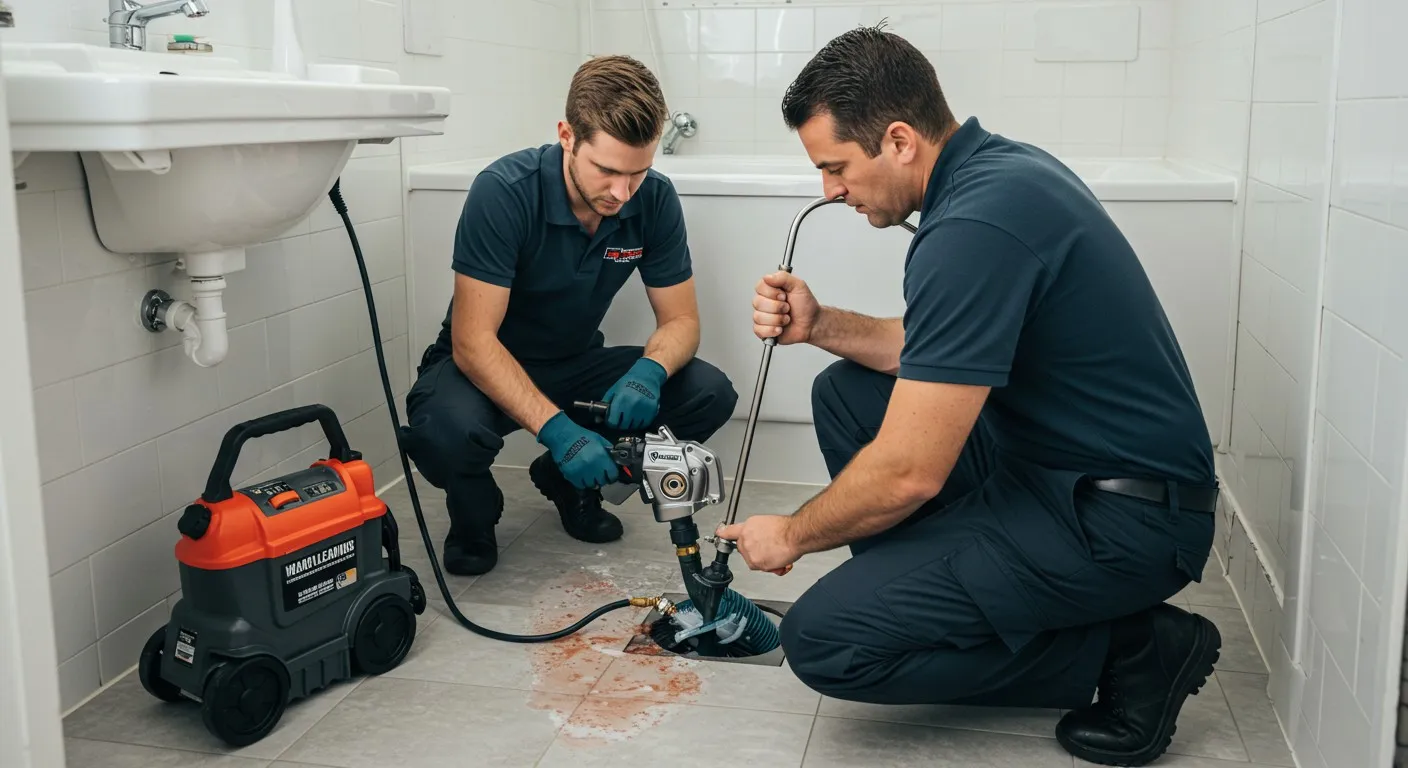 Plumbers using specialized equipment to clean and repair bathroom floor