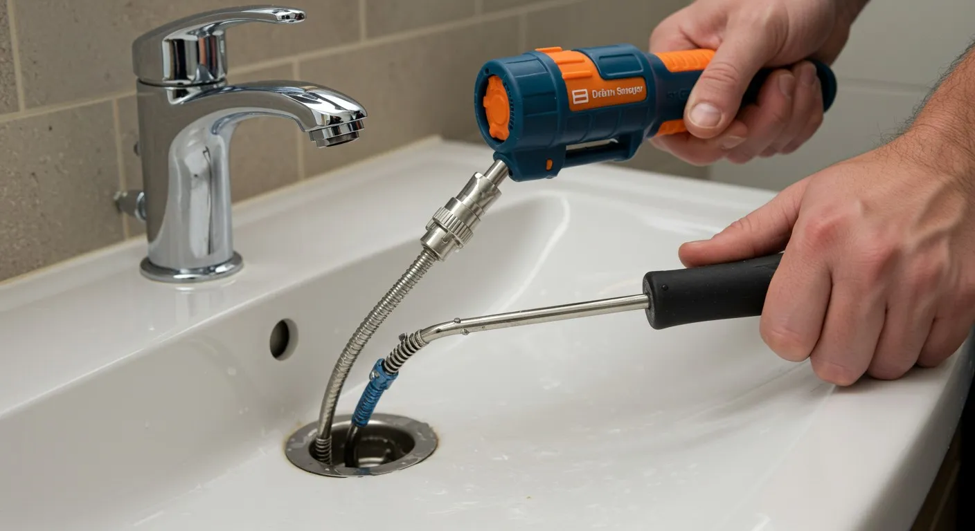 Drain snake tool being used to unclog a bathroom sink