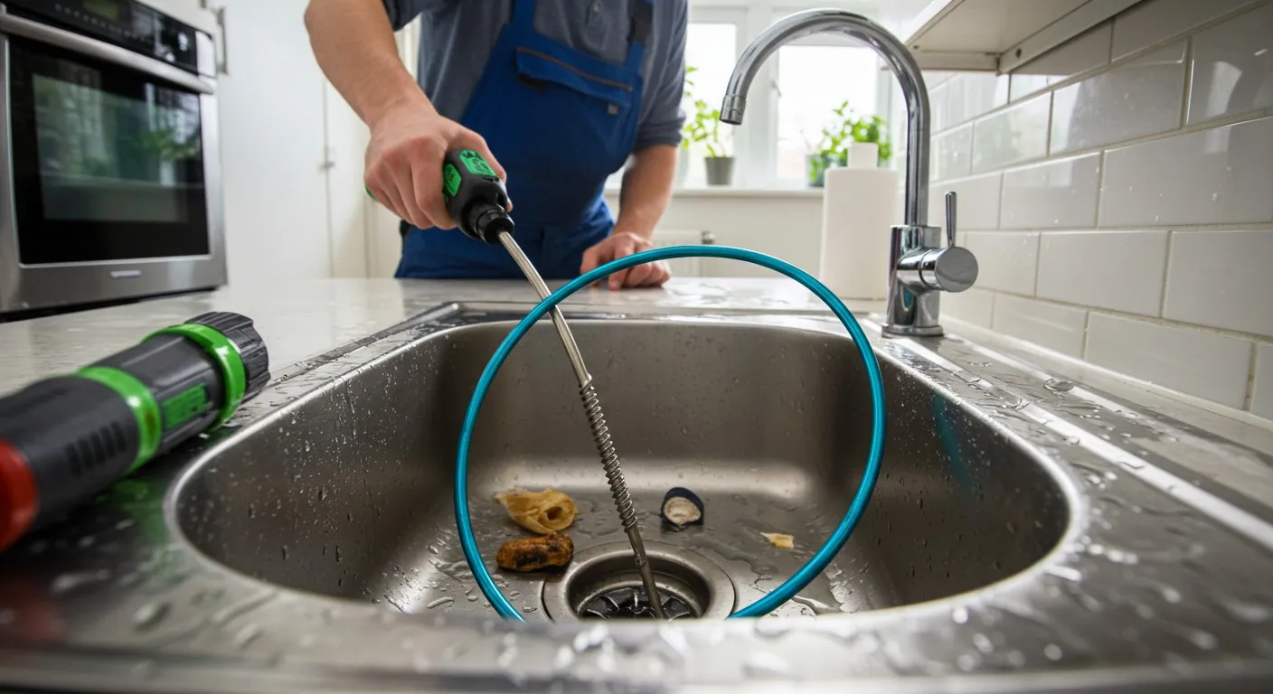 Plumber using drain snake to unclog kitchen sink with blue hose