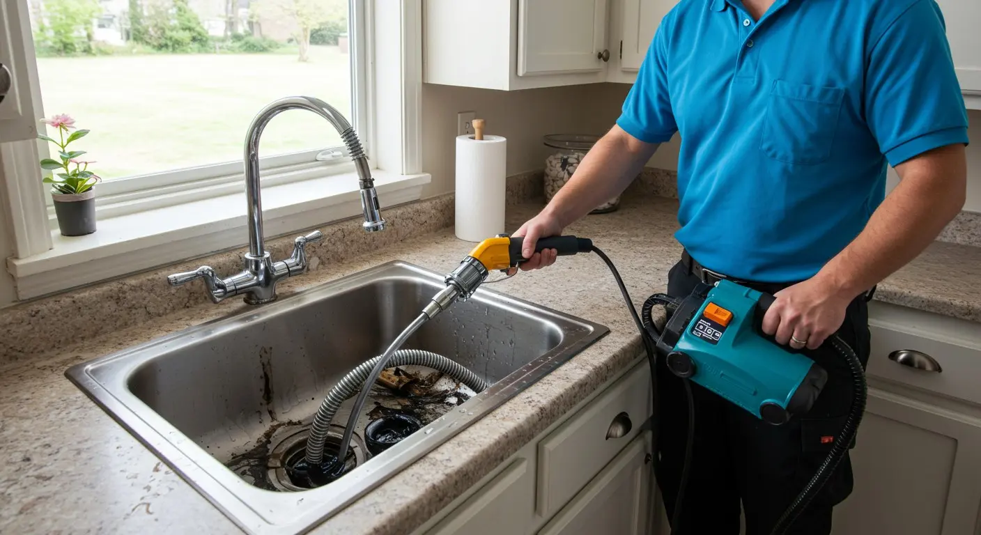 Plumber using drain cleaning machine to unclog kitchen sink