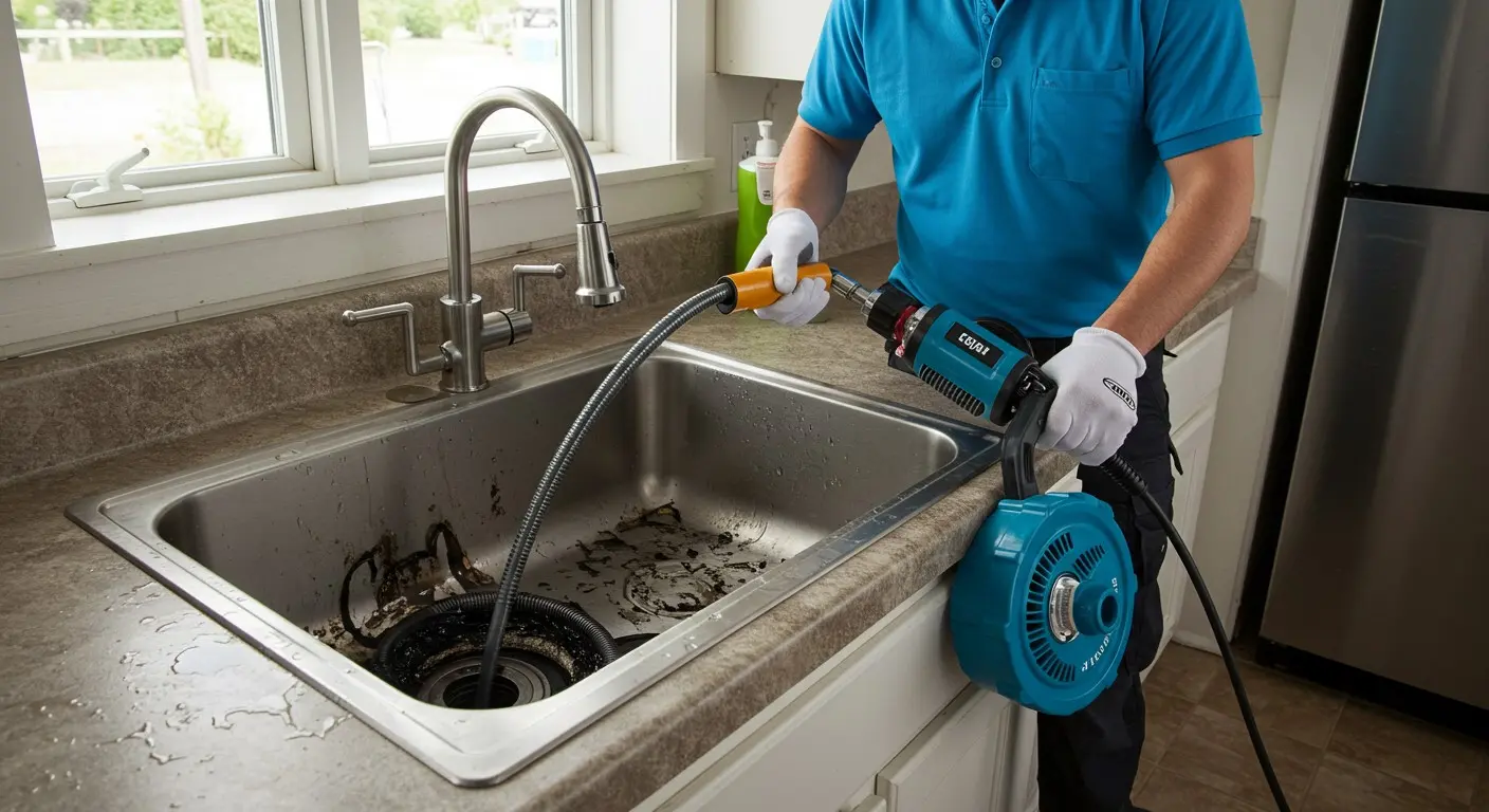 Plumber using drain cleaning tool to unclog kitchen sink
