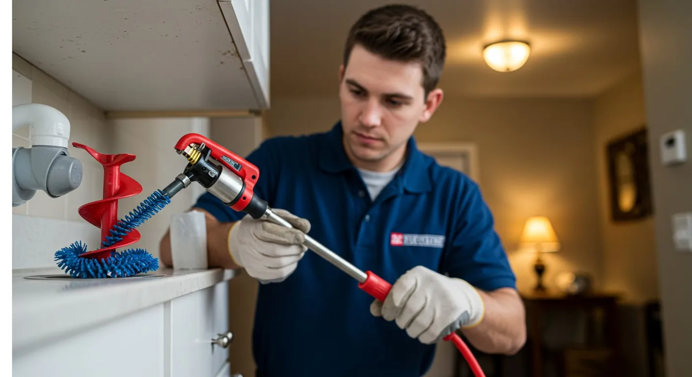 Technician using specialized cleaning tool on pipes in indoor setting