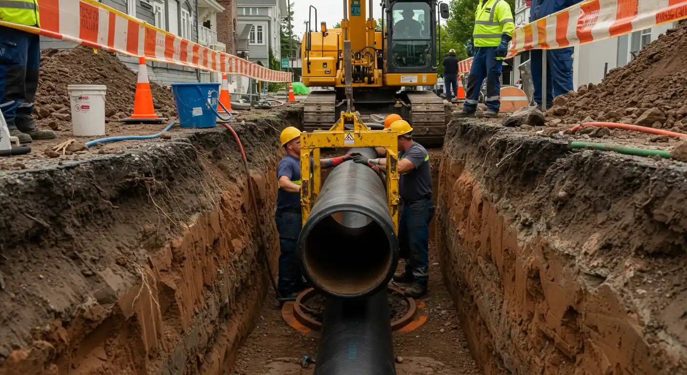 Workers installing large underground pipe using yellow crane in urban construction site