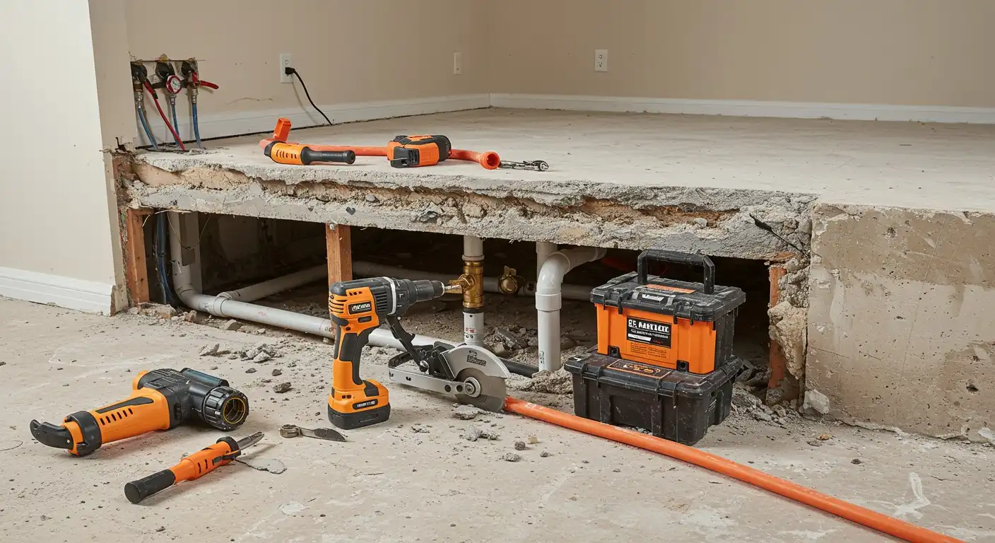 Construction tools and broken wall during home renovation project