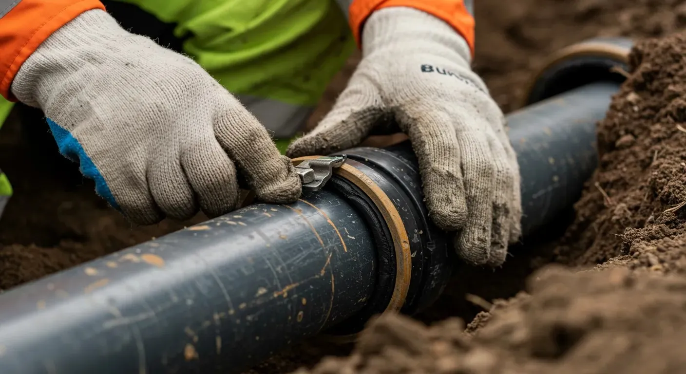 Construction worker connecting pipes with protective gloves in dirt