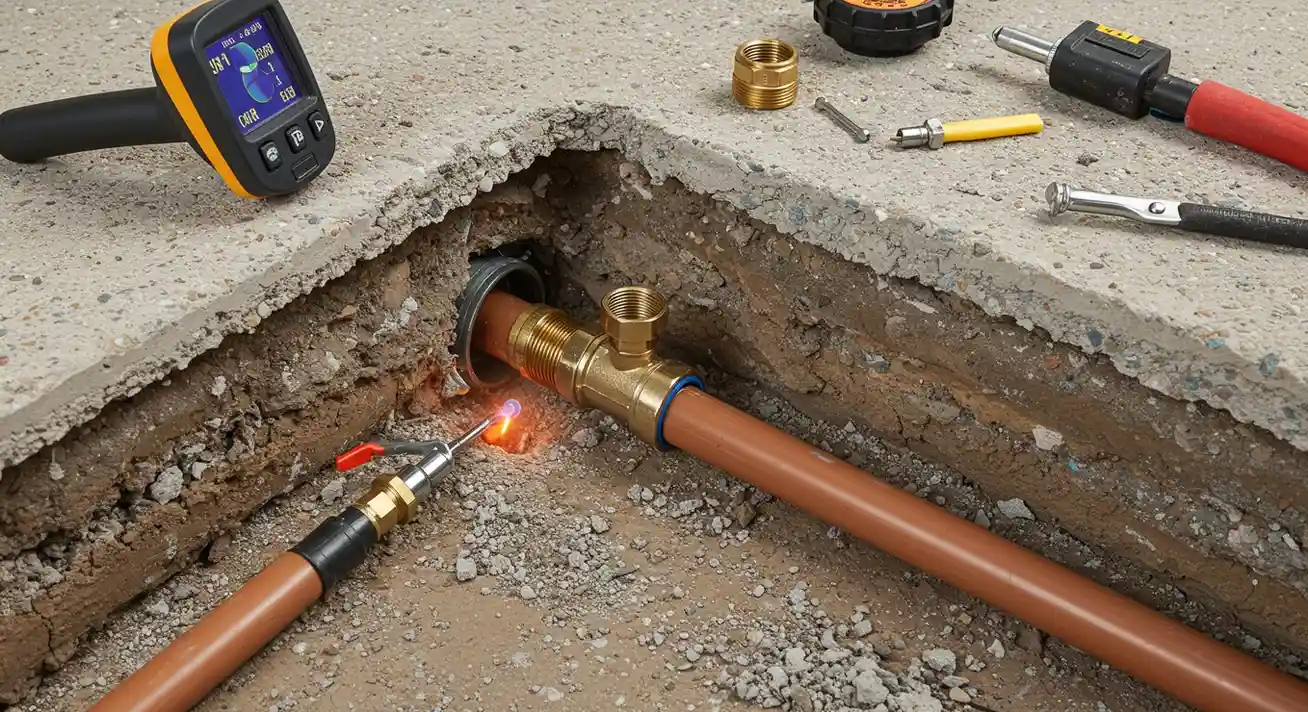 Plumbing repair with brass fittings, digital meter, and torch in excavated ground