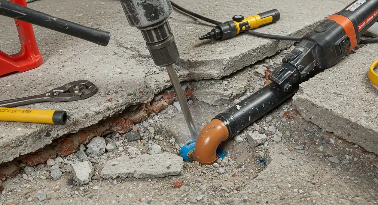 Construction tools and broken concrete with a drill and pipe