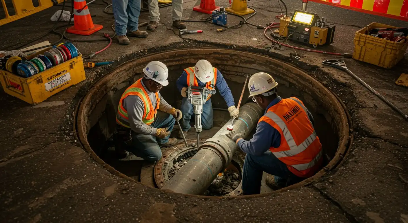 Workers in safety gear repair underground pipe in construction site manhole