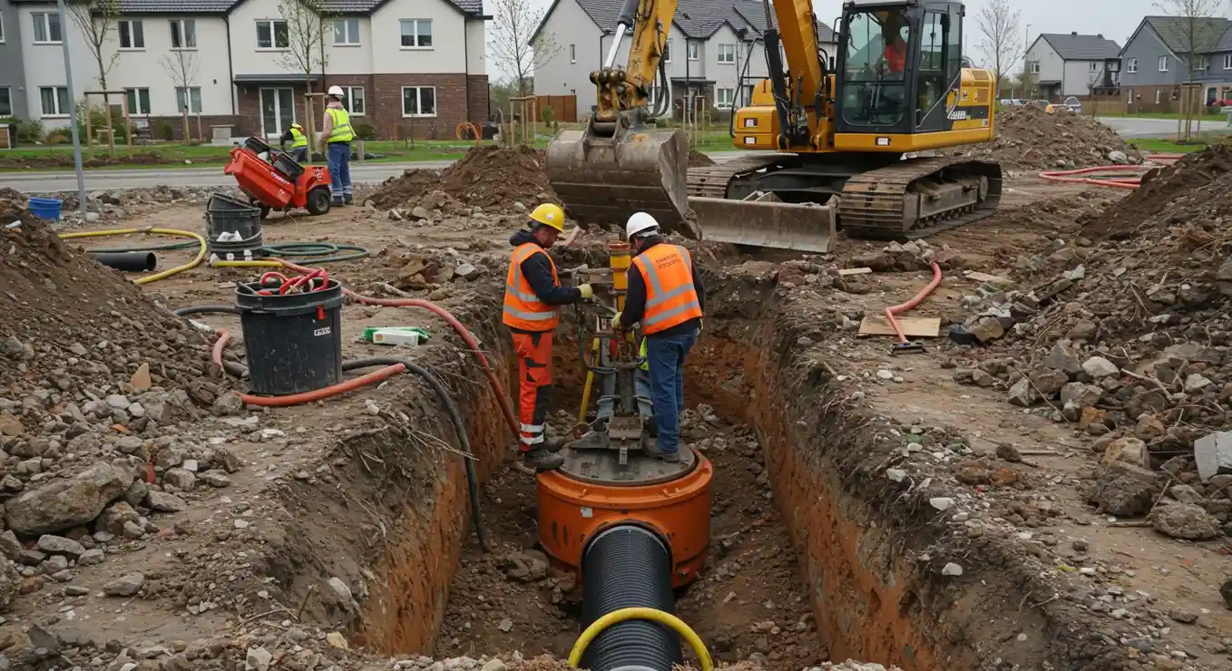 Construction workers installing underground pipes with excavator in residential area